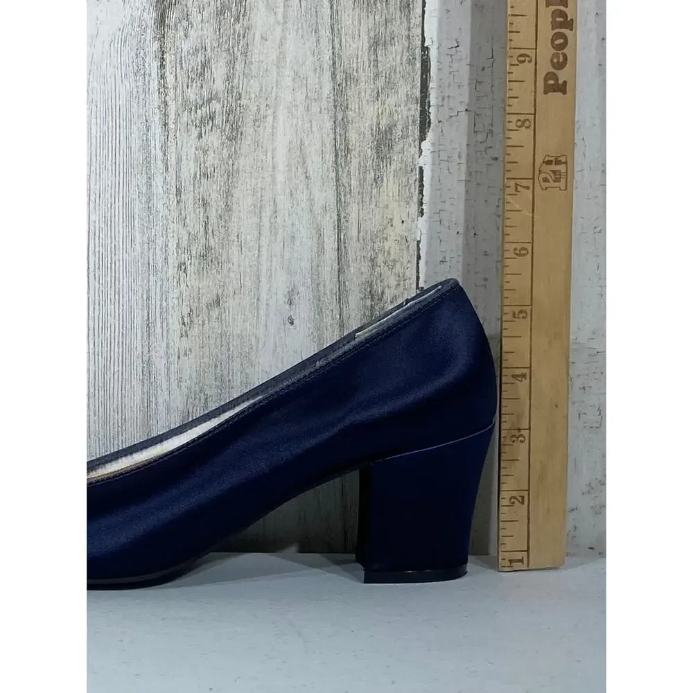 Coloriffics Silver‎ Slipper Vintage Navy Blue Satin Block Heels Womens Size 9.5